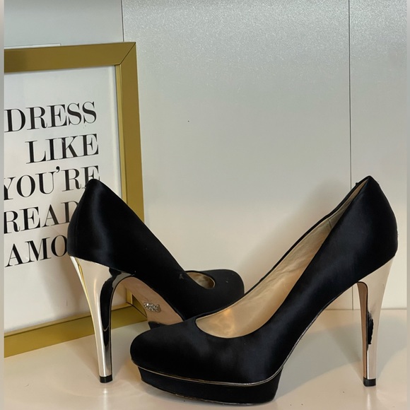ABS by Allen Schwartz black satin platform heels - Picture 1 of 6